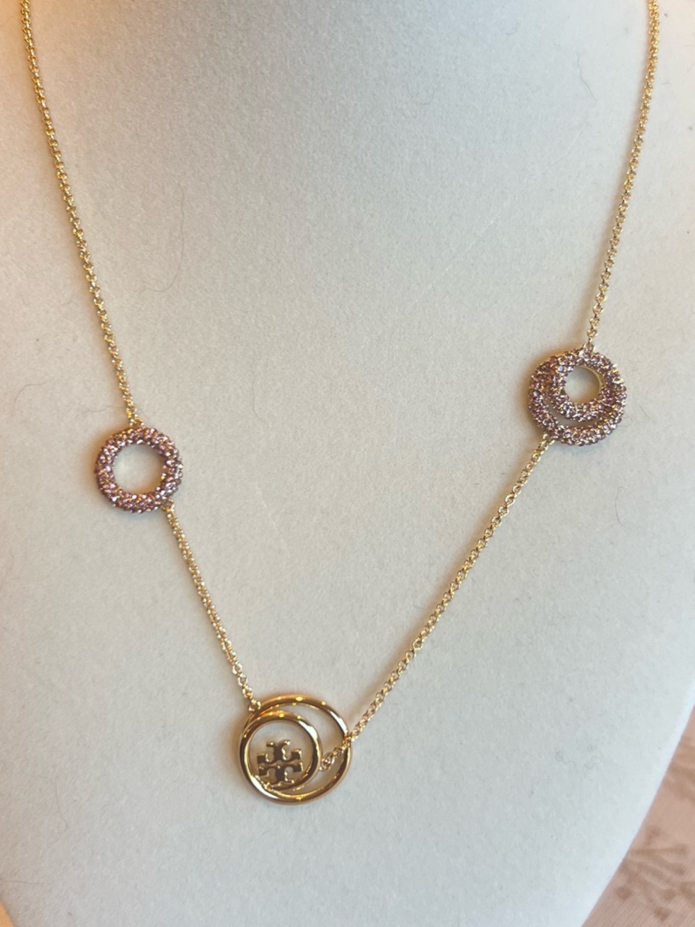 Tory Burch Gold tone Necklace with Pink Crystal Circles
